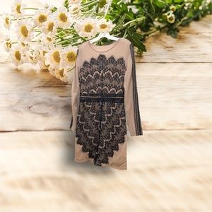 Charlotte Russe W Size L Tan/Black Crew Neck Long Sleeve Sheer Lace Sheath Dress